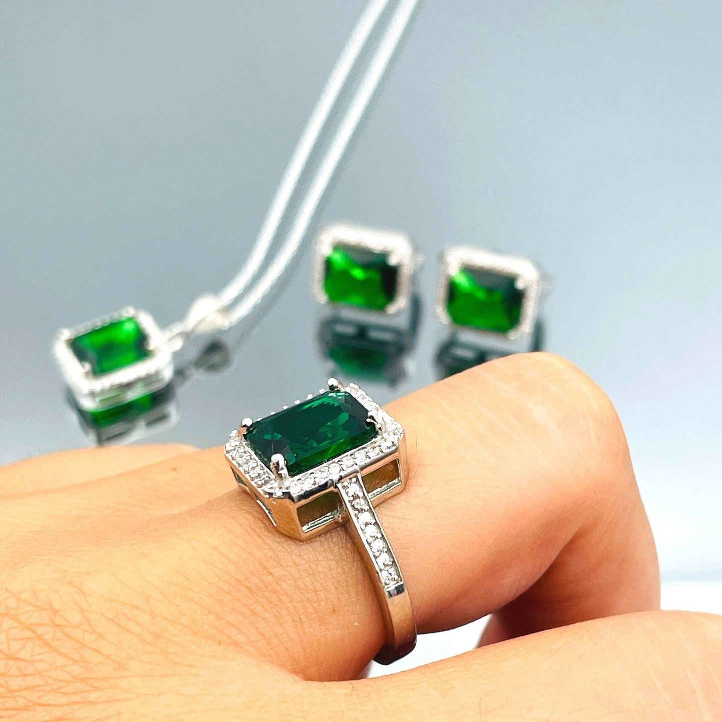 Green Baguette Emerald Stone Silver Set Women's, 925 Sterling Silver, Handmade Silver Women's Set, Ladies Emerald Set, Emerald Set Jewelry