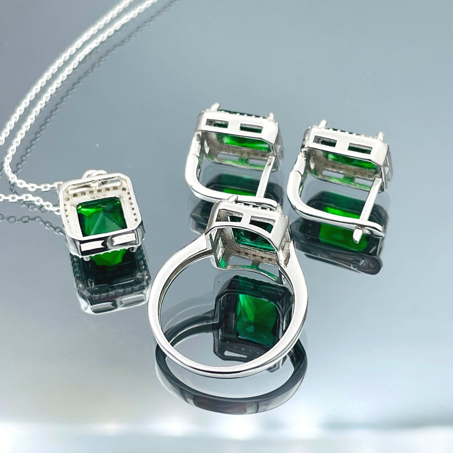 Green Baguette Emerald Stone Silver Set Women's, 925 Sterling Silver, Handmade Silver Women's Set, Ladies Emerald Set, Emerald Set Jewelry