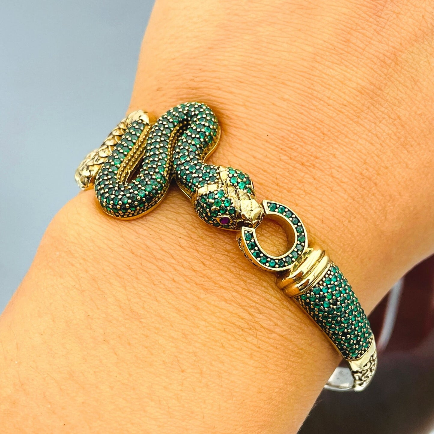 Snake Model Green Emerald Stone Silver Bracelet, Ottoman Style Turkish Handmade Bracelet, Bangle Cuff, Animal Bracelet, 925 Sterling Silver