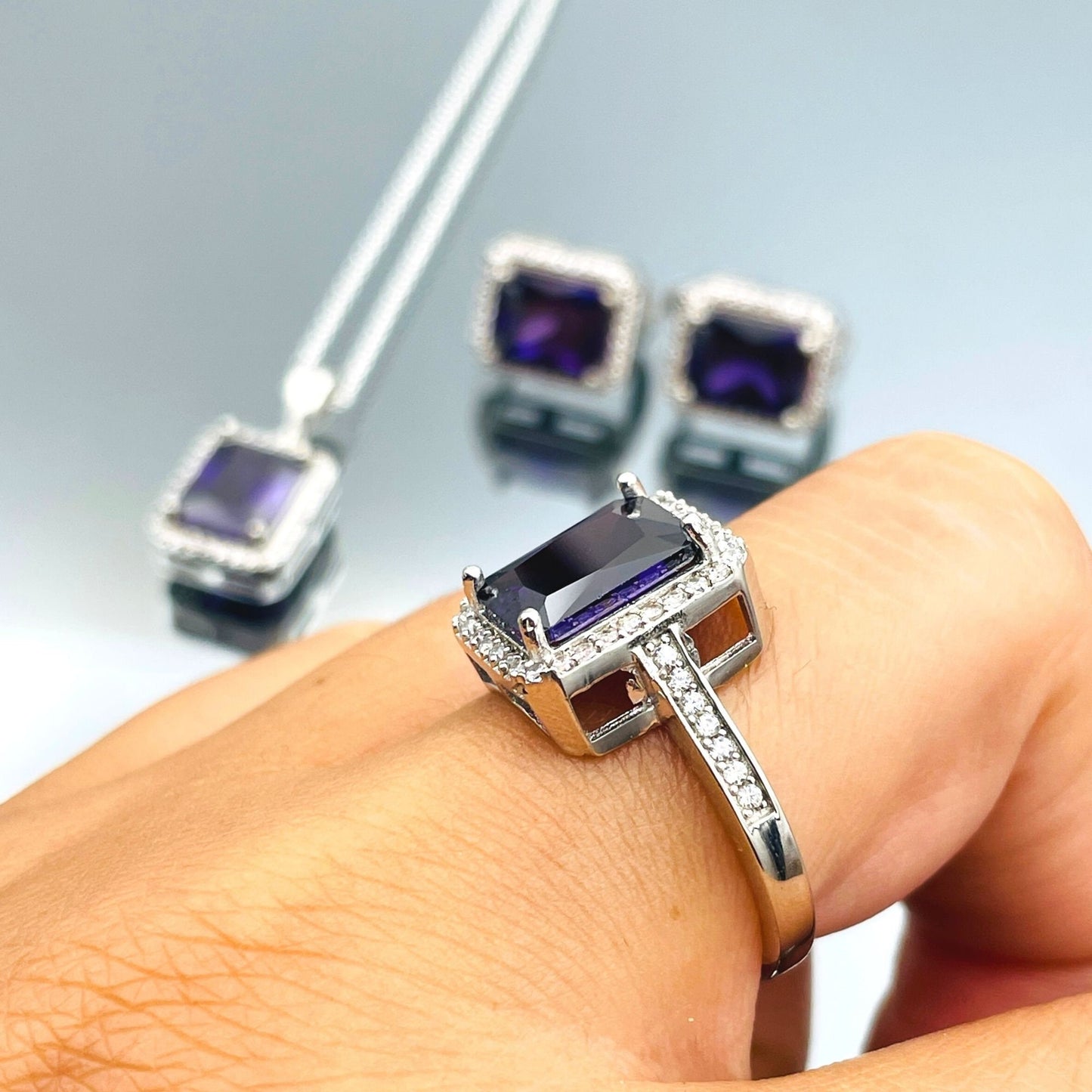 Ladies Amethyst Set, Dark Purple Baguette Amethyst Stone Silver Set Women's, 925 Sterling Silver, Handmade Silver Women's Set, Gift Jewelry