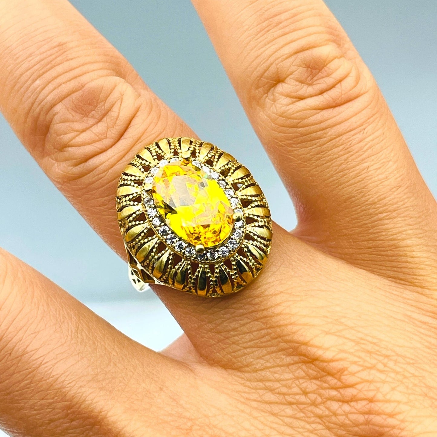 Women's Gold Plated Silver Ring, Oval Yellow Citrine Stone Ring Ladies, Authentic Handmade Silver Ring, 925 Sterling Silver, Gift For Her