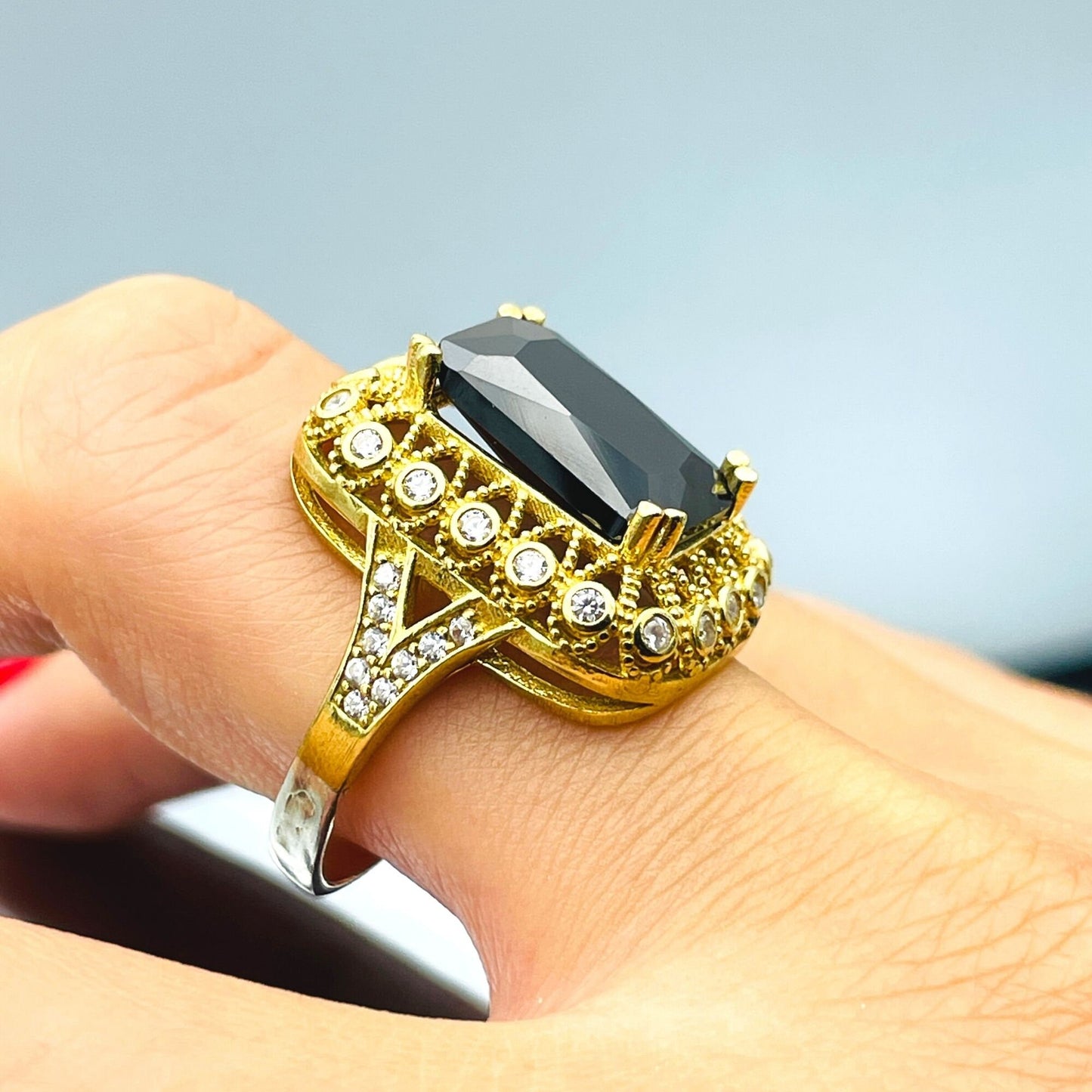 Women's Gold Plated Silver Ring, Black Onyx Baguette Stone Ring Ladies, Authentic Handmade Silver Ring, 925 Sterling Silver, Gift For Her