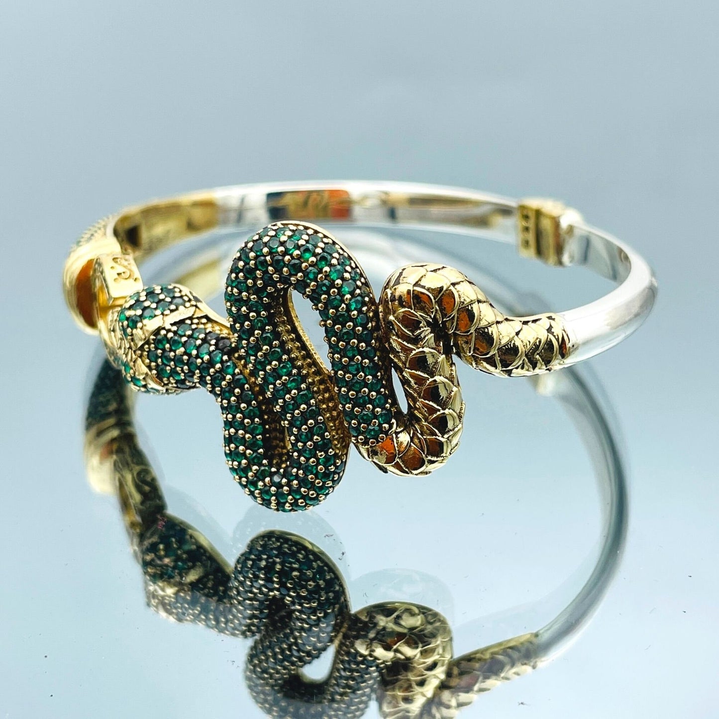 Snake Model Green Emerald Stone Silver Bracelet, Ottoman Style Turkish Handmade Bracelet, Bangle Cuff, Animal Bracelet, 925 Sterling Silver