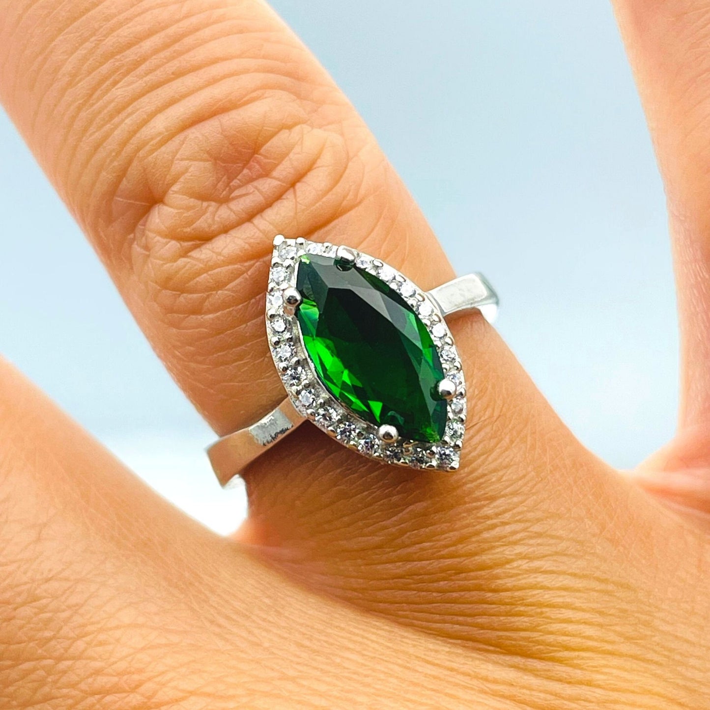 Women's Handmade Silver Ring with Marquise Green Emerald Stone - Women's Jewelry - Unique Wedding or Engagement Ring - Ladies Silver Ring