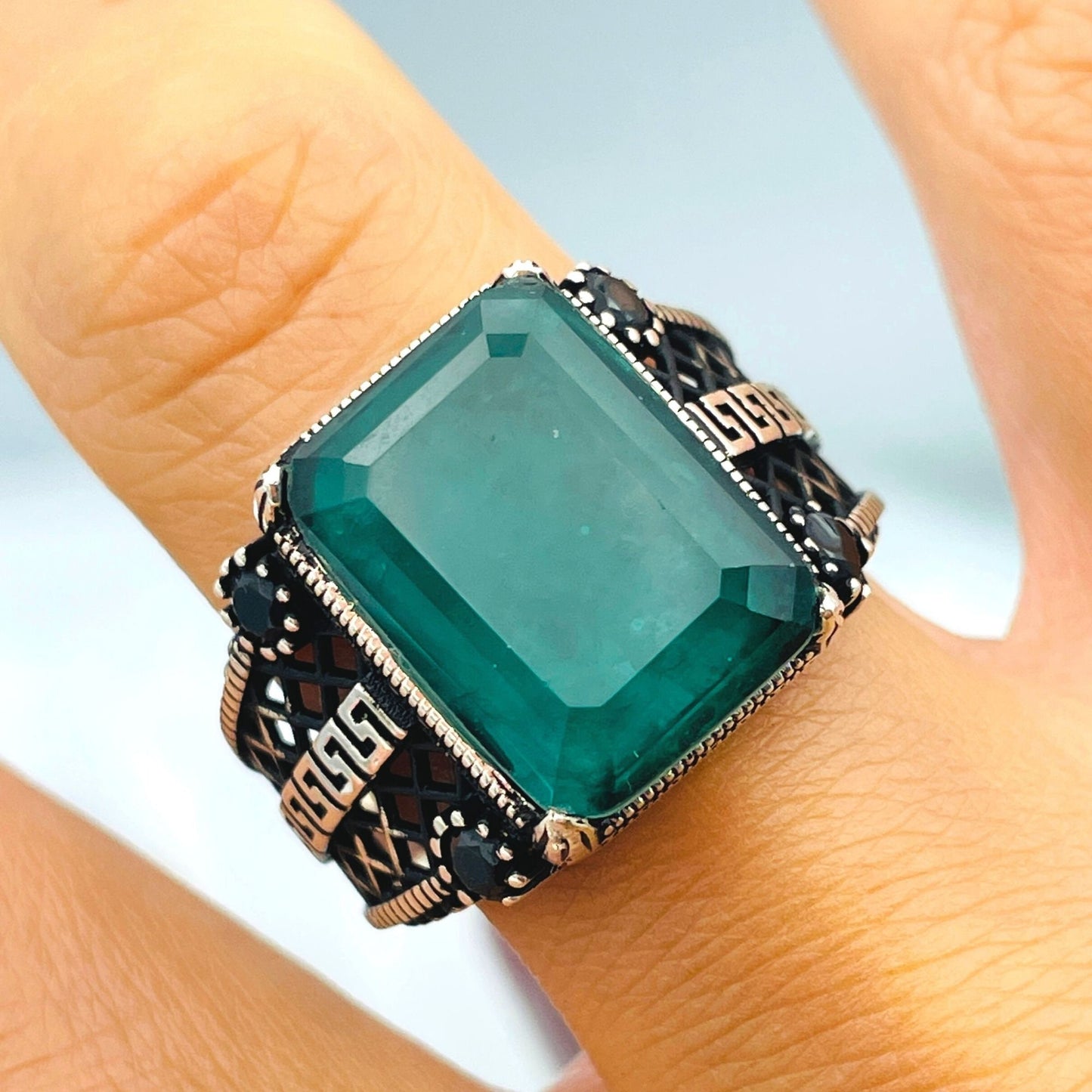 Men's Green Emerald Stone Ring, Turkish Handmade Ring, Green Square Stone Ring, Mens Jewelry, Ottoman Style Ring, 925 Sterling Silver