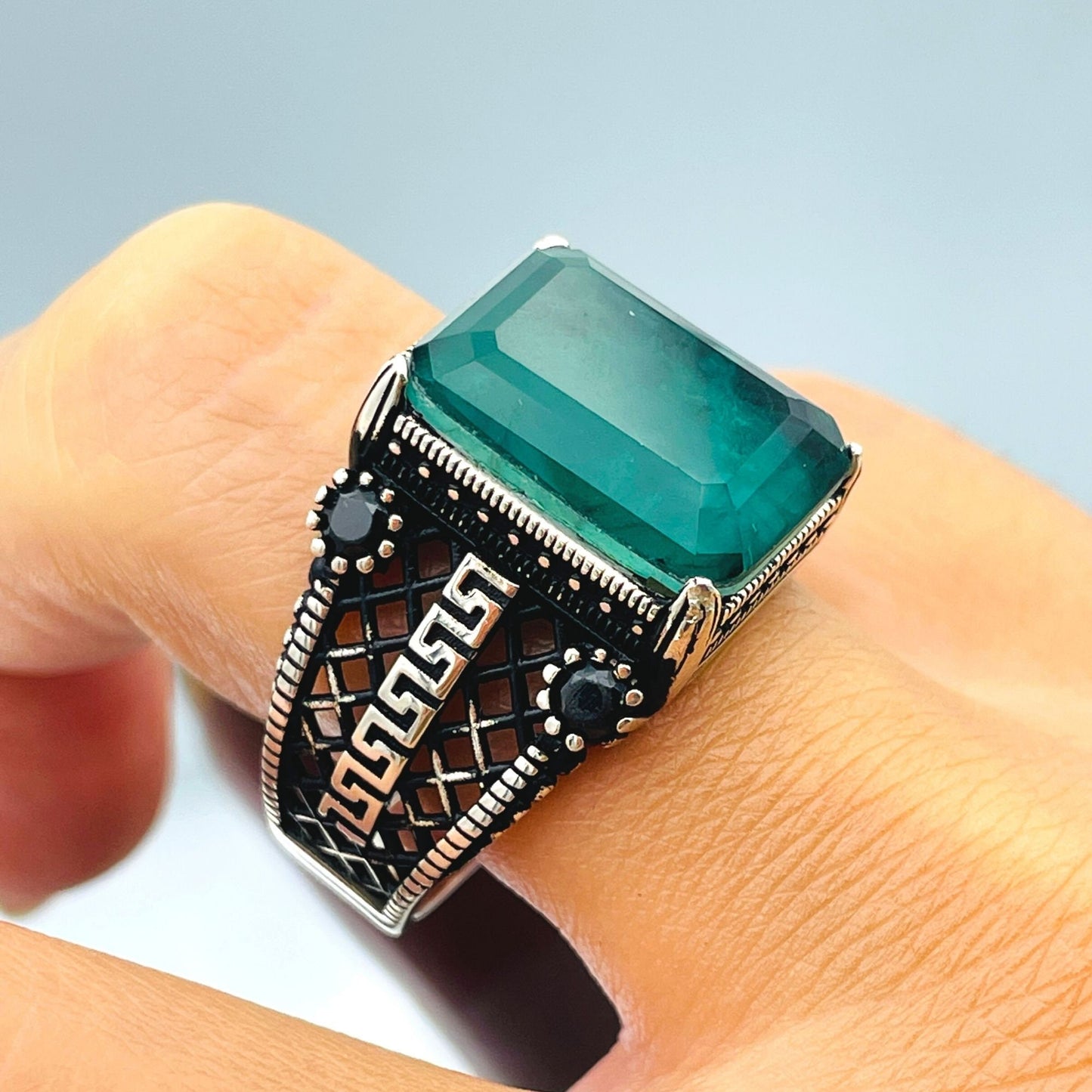 Men's Green Emerald Stone Ring, Turkish Handmade Ring, Green Square Stone Ring, Mens Jewelry, Ottoman Style Ring, 925 Sterling Silver