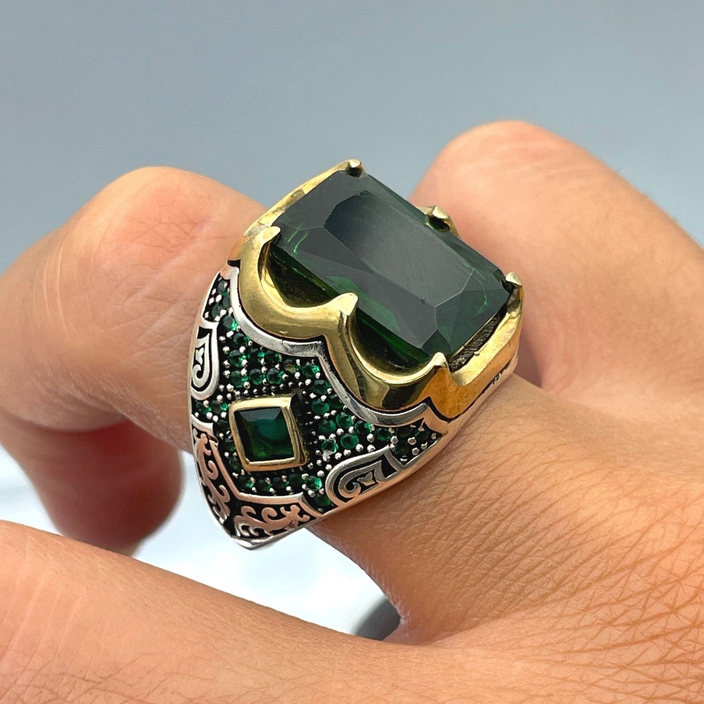 Men's Green Emerald Stone Ring, Turkish Handmade Ring, Gift Him, Gift Husband, Gift Birthday, Gift Men Ring Jewelry, 925 Sterling Silver