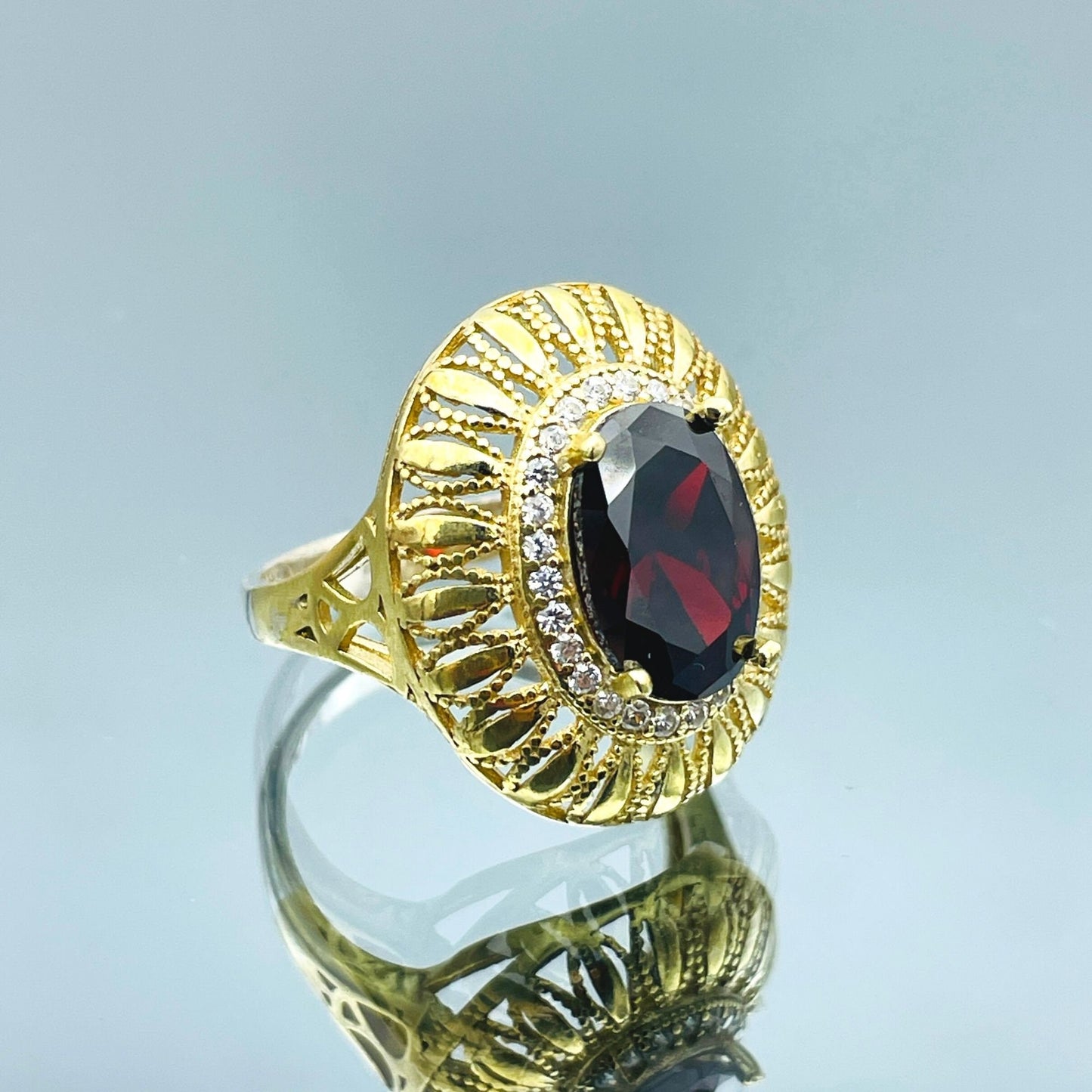 Women's Gold Plated Silver Ring, Oval Dark Red Ruby Stone Ring Ladies, Authentic Handmade Silver Ring, 925 Sterling Silver, Gift For Her