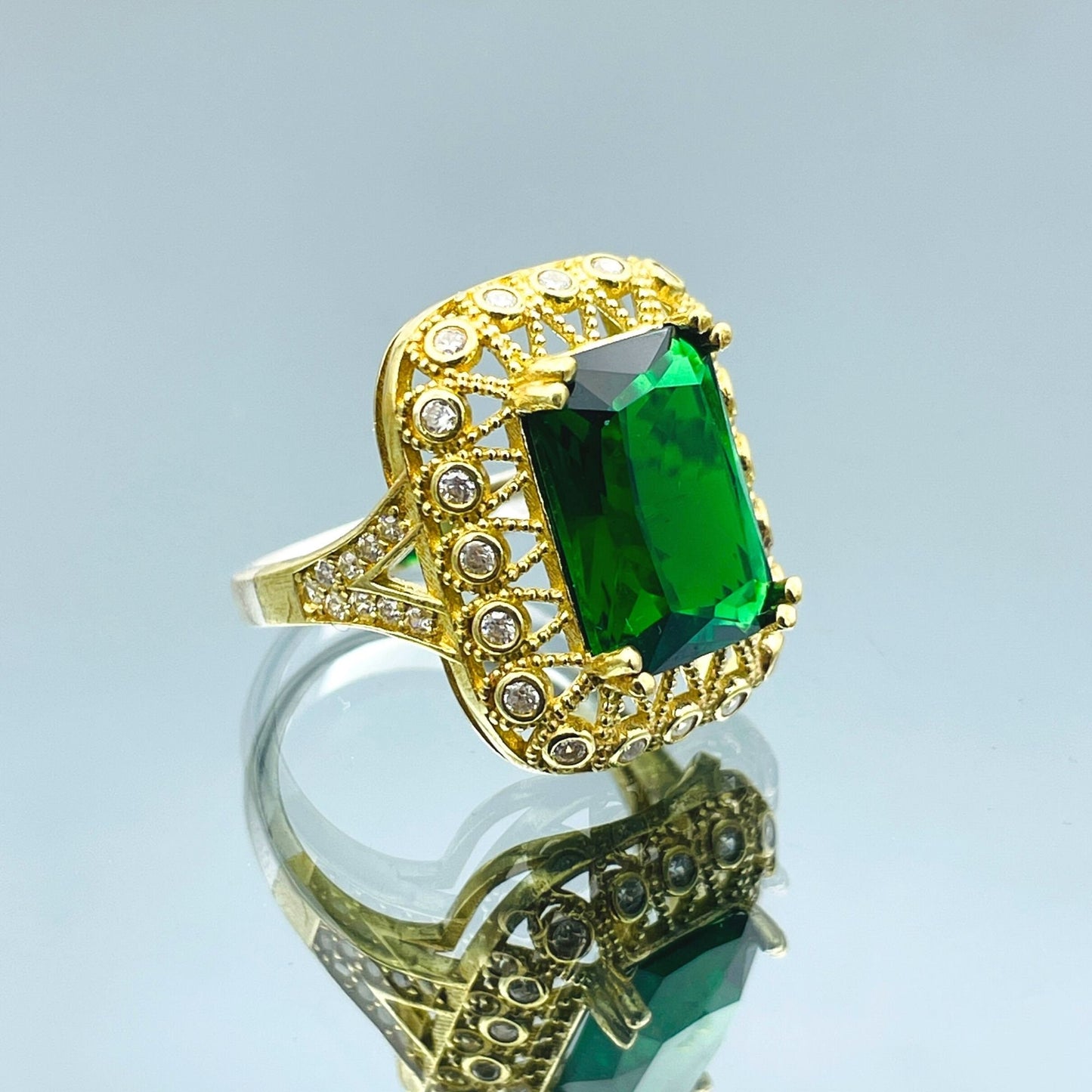 Women's Gold Plated Silver Ring, Green Emerald Baguette Stone Ring Ladies, Authentic Handmade Silver Ring, 925 Sterling Silver, Gift For Her