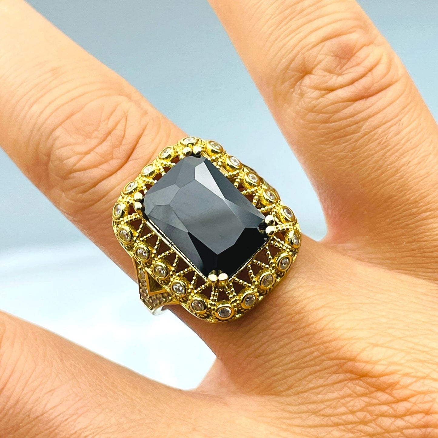 Women's Gold Plated Silver Ring, Black Onyx Baguette Stone Ring Ladies, Authentic Handmade Silver Ring, 925 Sterling Silver, Gift For Her