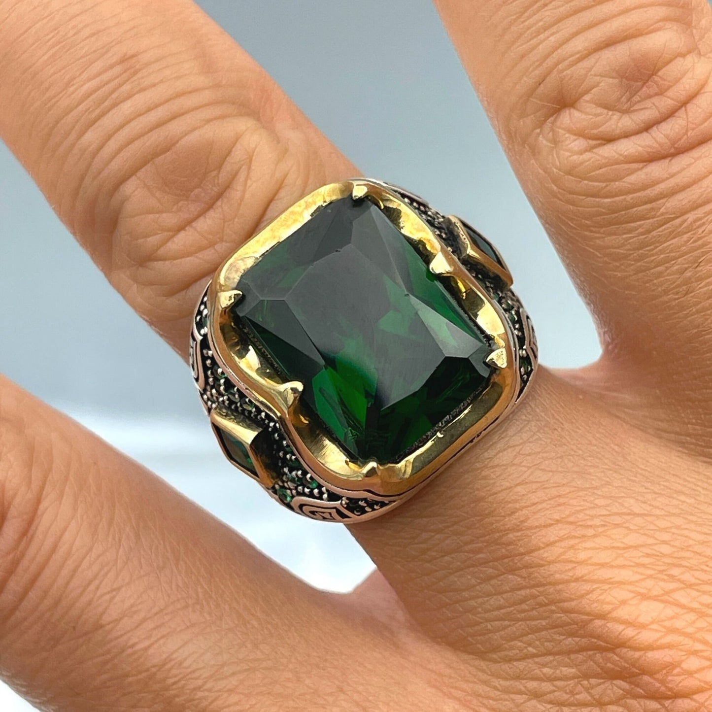 Men's Green Emerald Stone Ring, Turkish Handmade Ring, Gift Him, Gift Husband, Gift Birthday, Gift Men Ring Jewelry, 925 Sterling Silver