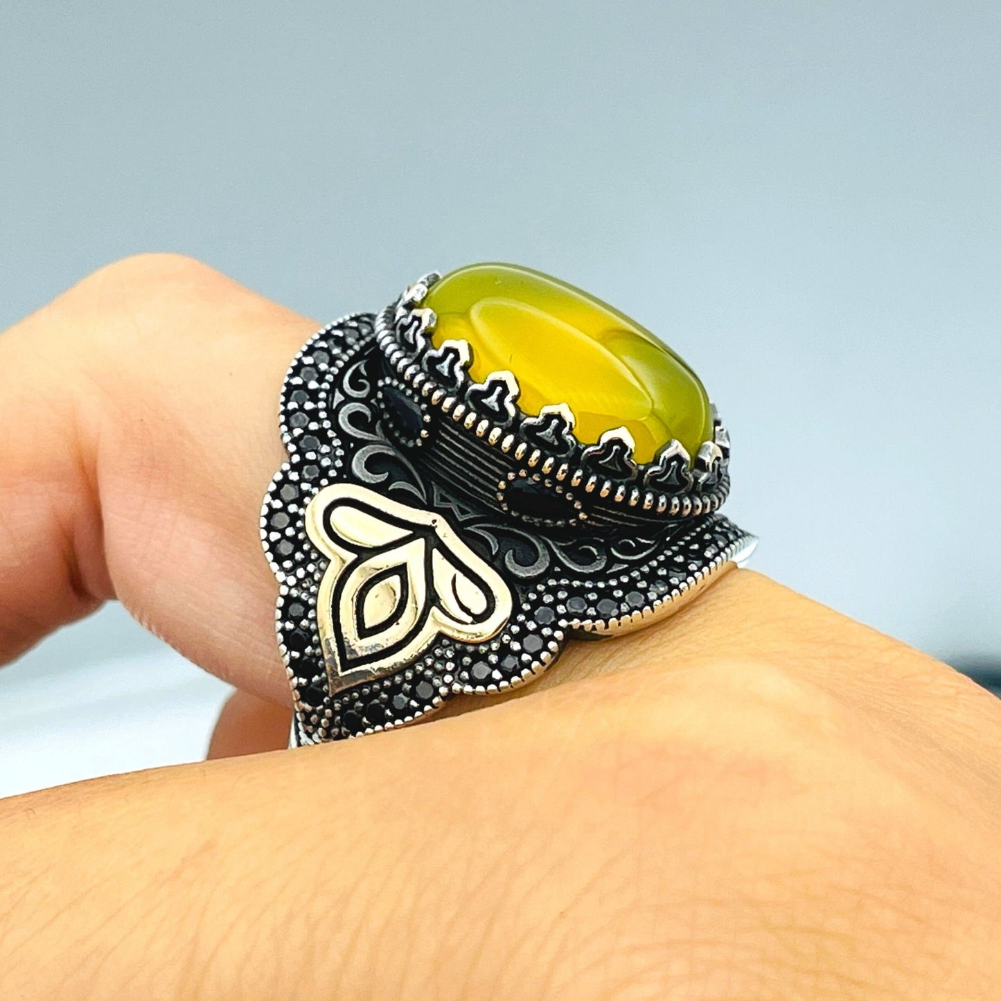 Yellow Yemeni Aqeeq Stone Silver Men Ring, 925 Sterling Silver, Handmade Silver Ottoman Ring, Oval Stone Ring, Agate Ring, Gift For Her