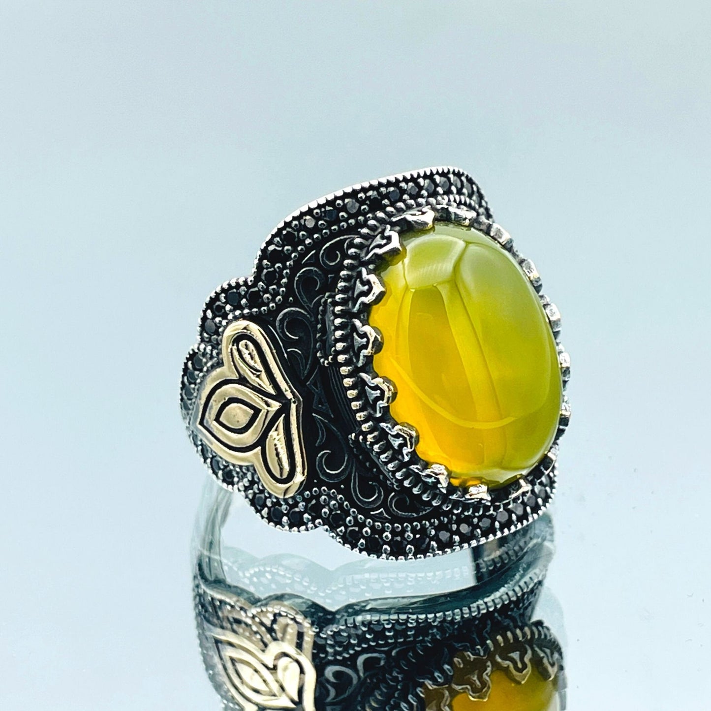 Yellow Yemeni Aqeeq Stone Silver Men Ring, 925 Sterling Silver, Handmade Silver Ottoman Ring, Oval Stone Ring, Agate Ring, Gift For Her