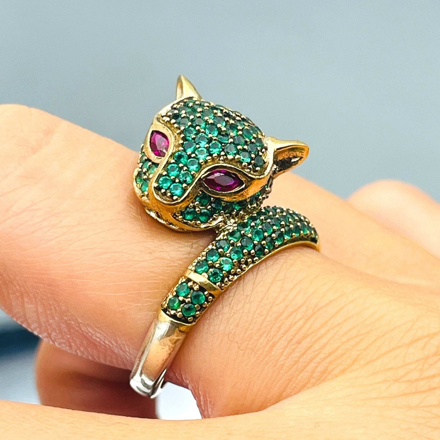 Green Emerald Stone Tiger Womens Ring, Handmade Ladies Ring, 925k Sterling Silver, Animal Silver Ring, Womens Silver Jewelry, Gift For Her