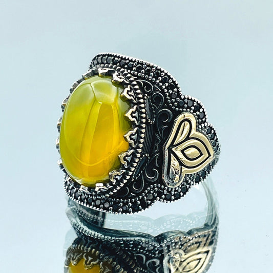 Yellow Yemeni Aqeeq Stone Silver Men Ring, 925 Sterling Silver, Handmade Silver Ottoman Ring, Oval Stone Ring, Agate Ring, Gift For Her