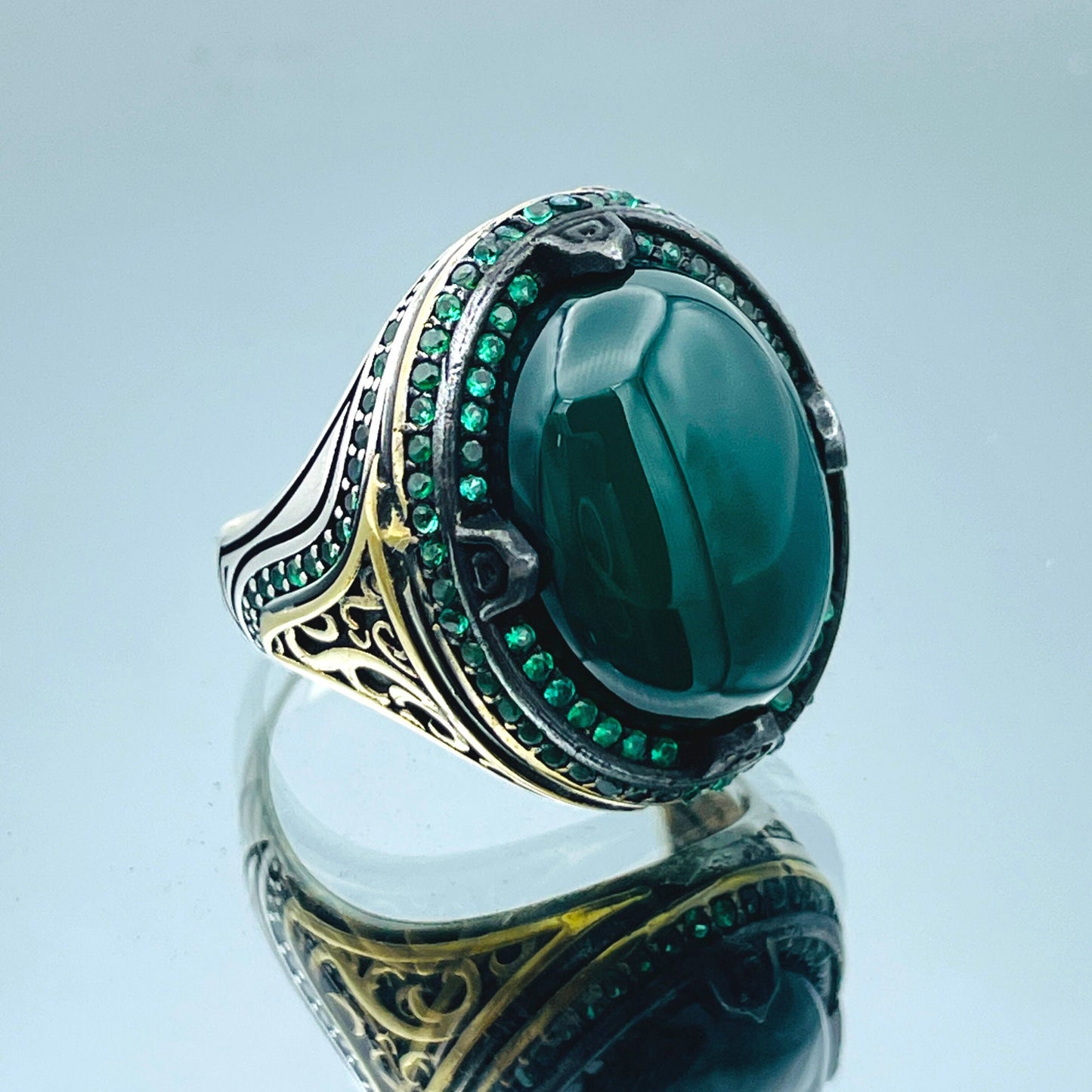 Yemen Aqeeq Ring Men's, Handmade Oval Green Agate Stone Silver Ring, Ottoman Style Ring, 925 Sterling Silver,Unique Men Jewelry,Gift For Him