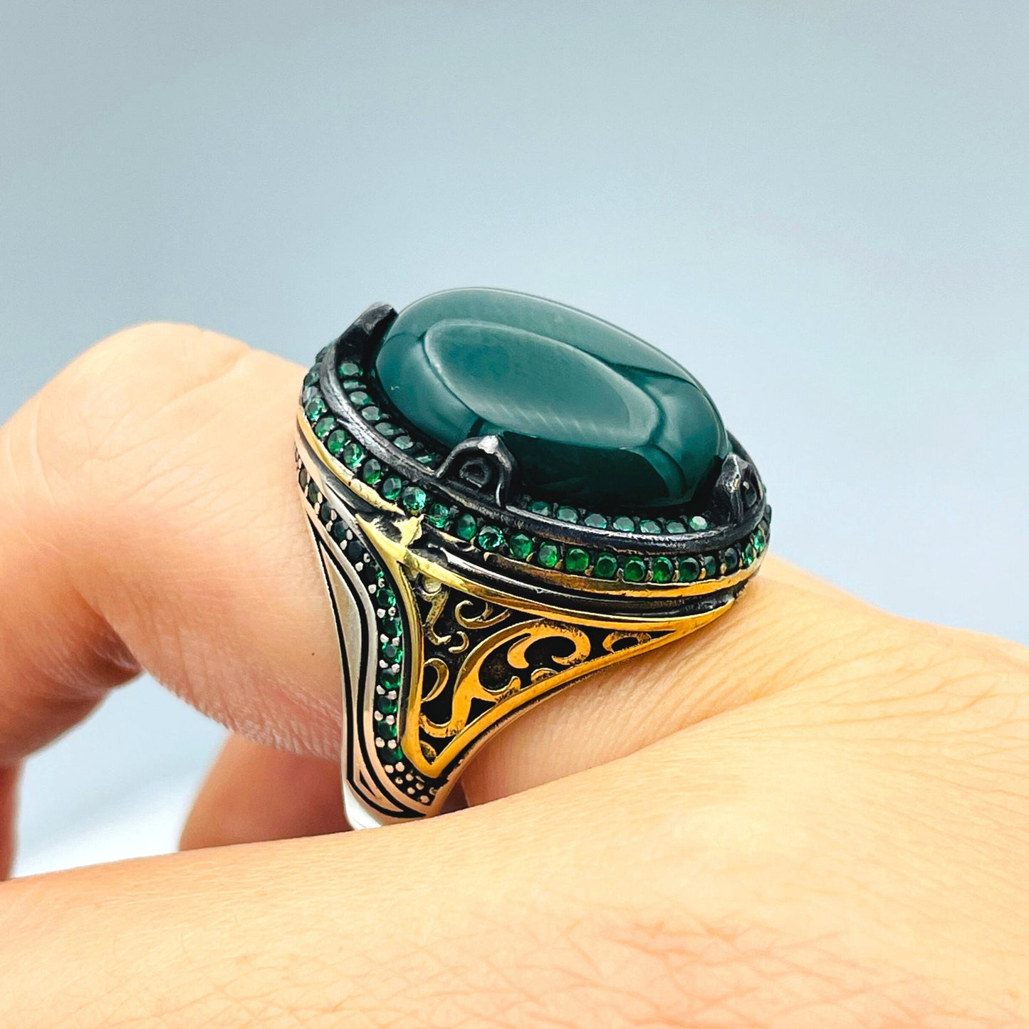 Yemen Aqeeq Ring Men's, Handmade Oval Green Agate Stone Silver Ring, Ottoman Style Ring, 925 Sterling Silver,Unique Men Jewelry,Gift For Him