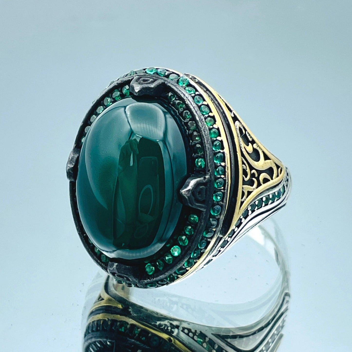 Yemen Aqeeq Ring Men's, Handmade Oval Green Agate Stone Silver Ring, Ottoman Style Ring, 925 Sterling Silver,Unique Men Jewelry,Gift For Him