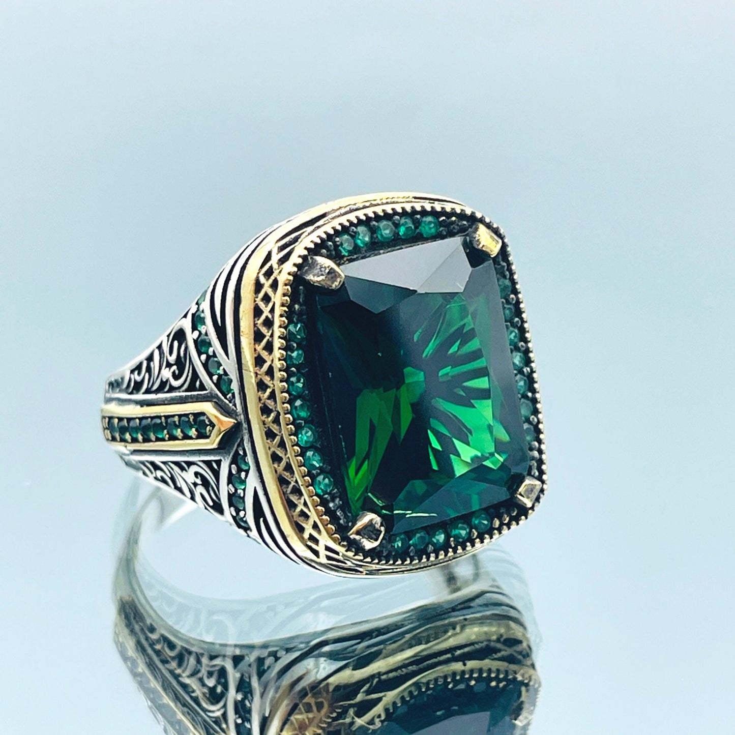 Emerald Silver Men Ring, Green Stone Ring, 925 Sterling Silver Ring, Turkish Handmade Jewelry, Gift For Him, Authentic Ottoman Style Ring