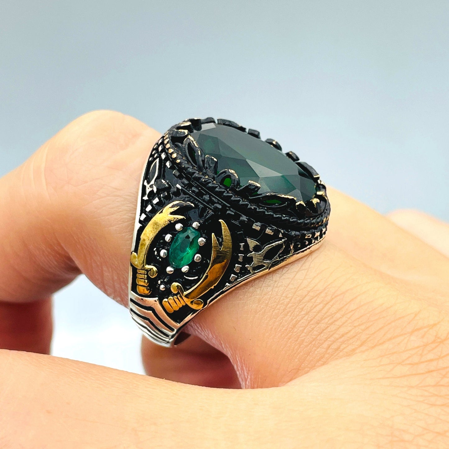 Men Emerald Stone Silver Ring, Green Stone Ring, 925 Sterling Silver Ring, Turkish Handmade Gift, Gift For Him,Anniversay Gift,Gift Birthday