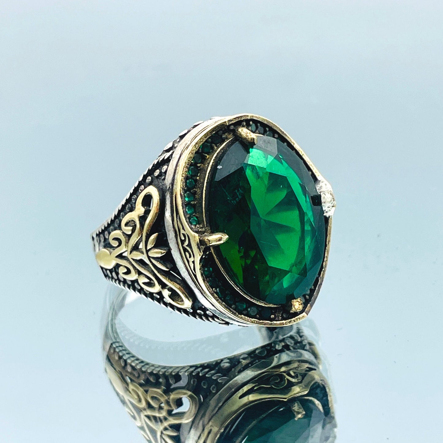 Men Turkish Handmade Emerald Stone Ring, Oval Green 925 Silver Ring, Gift Him, Gift For Father, Father Birthday Gift Ring, Anniversay Gift