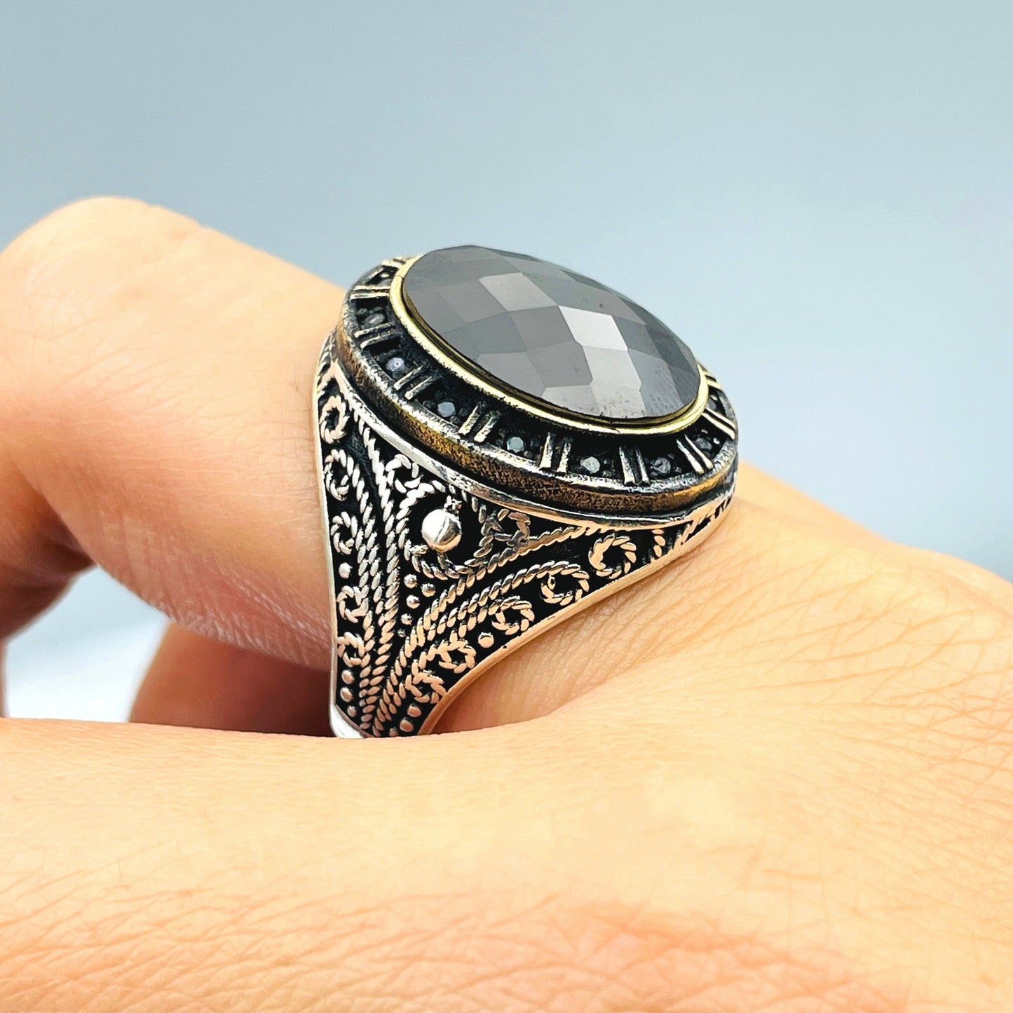 Zircon Silver Men Ring, Black Stone Ring, 925 Sterling Silver Ring, Turkish Handmade Jewelry, Gift For Men, Authentic Ottoman Style Men Ring