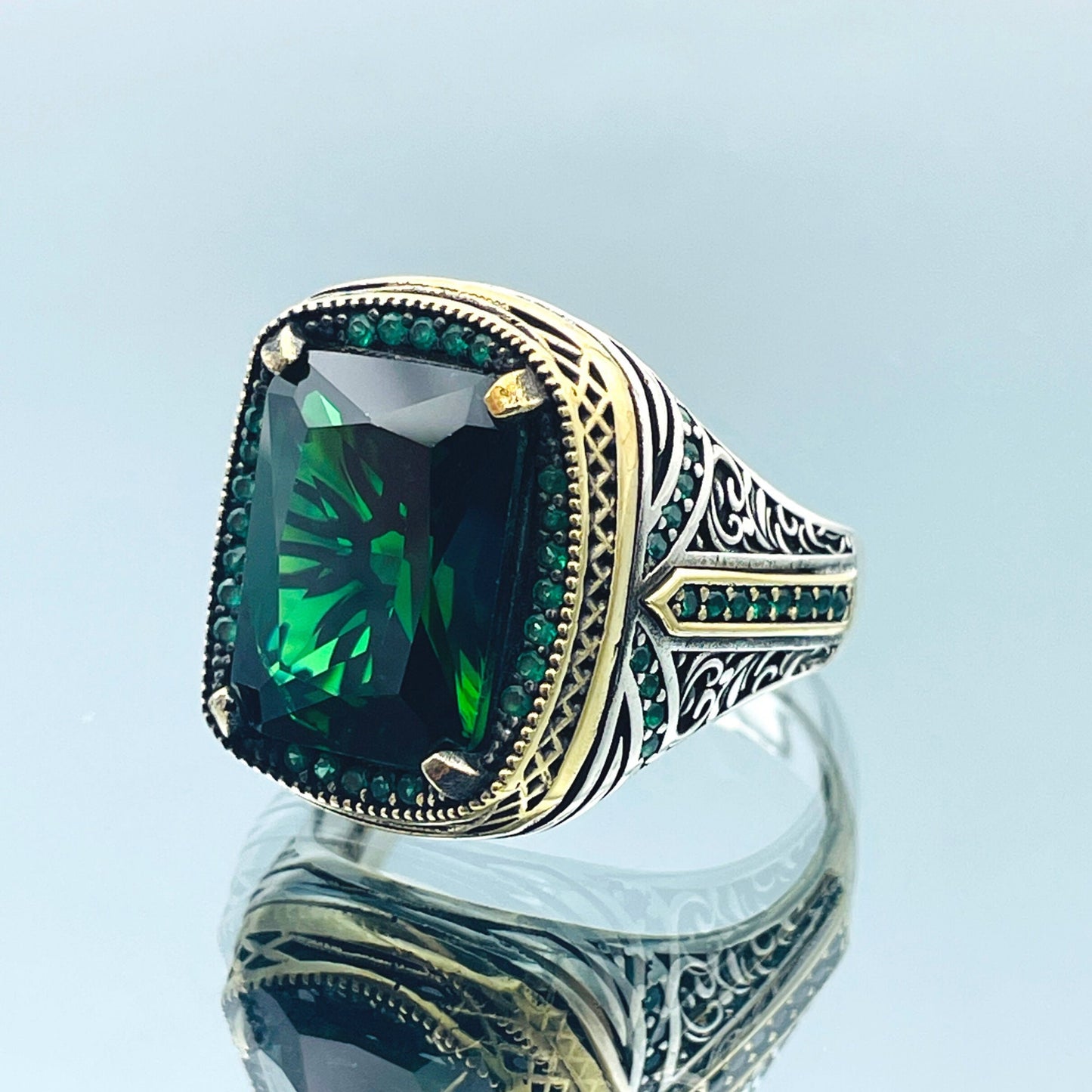 Emerald Silver Men Ring, Green Stone Ring, 925 Sterling Silver Ring, Turkish Handmade Jewelry, Gift For Him, Authentic Ottoman Style Ring