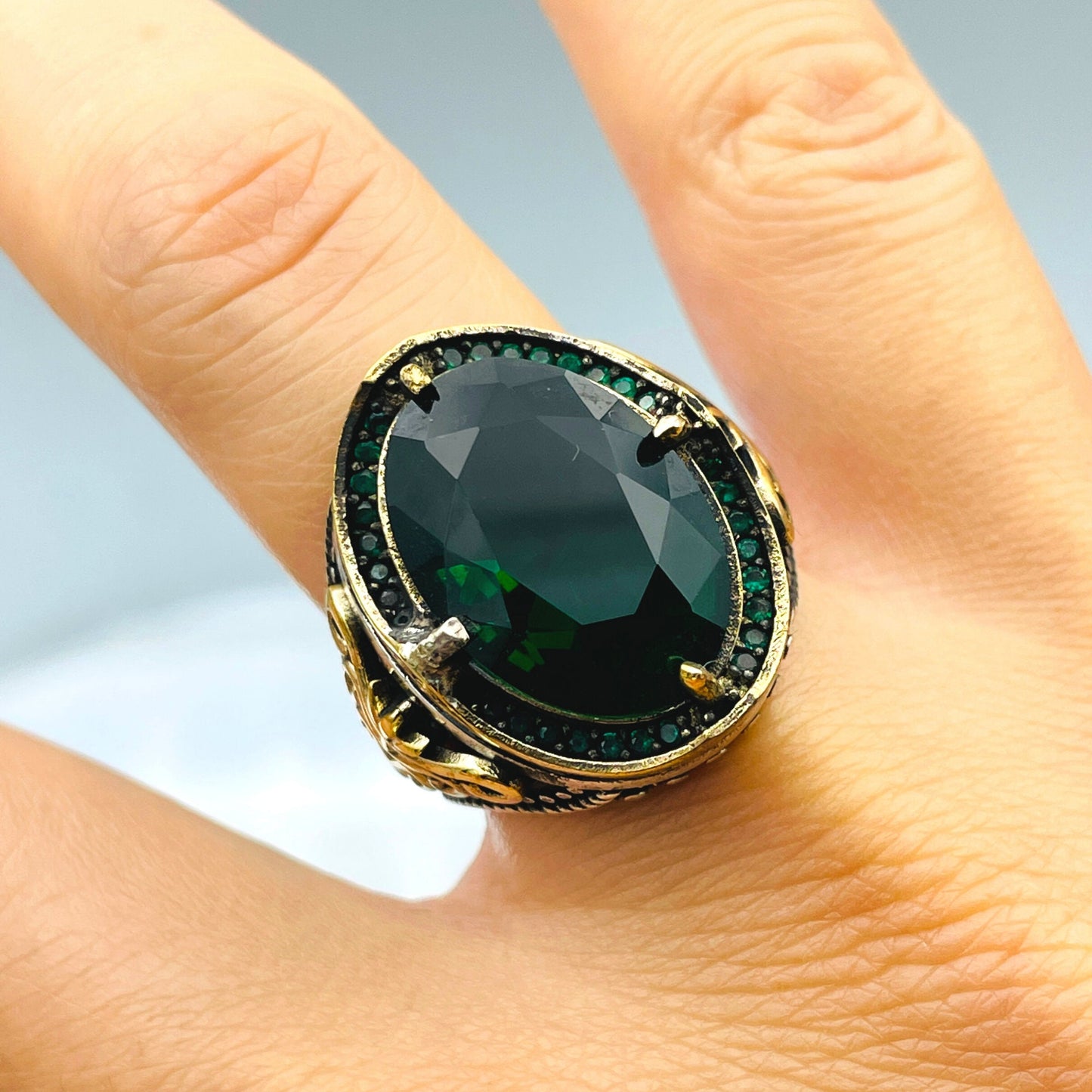 Men Turkish Handmade Emerald Stone Ring, Oval Green 925 Silver Ring, Gift Him, Gift For Father, Father Birthday Gift Ring, Anniversay Gift