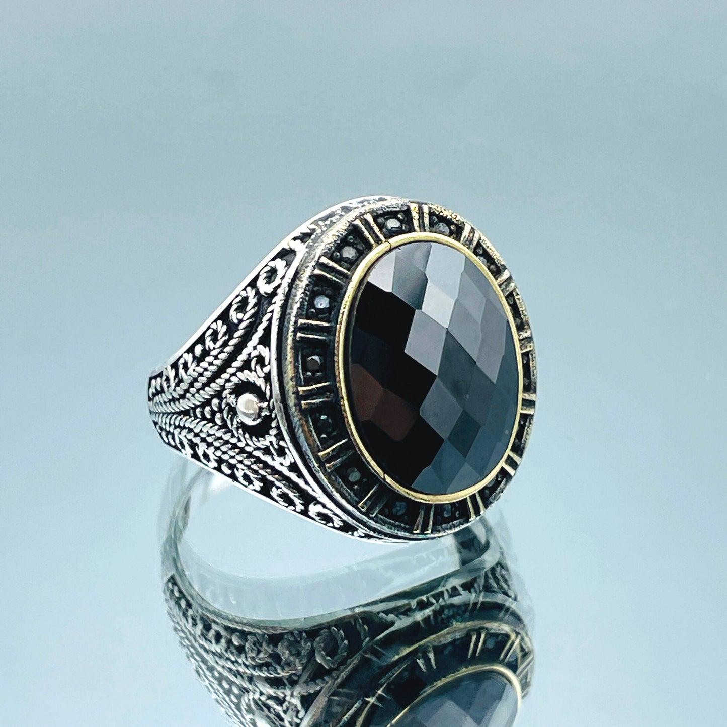 Zircon Silver Men Ring, Black Stone Ring, 925 Sterling Silver Ring, Turkish Handmade Jewelry, Gift For Men, Authentic Ottoman Style Men Ring