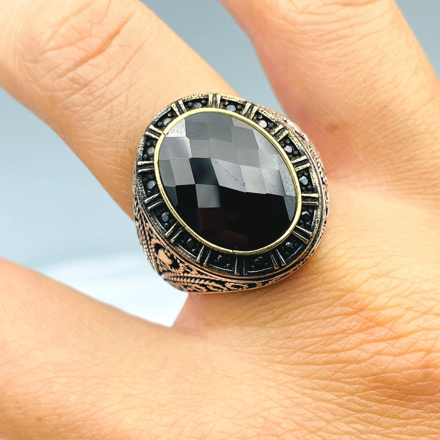 Zircon Silver Men Ring, Black Stone Ring, 925 Sterling Silver Ring, Turkish Handmade Jewelry, Gift For Men, Authentic Ottoman Style Men Ring