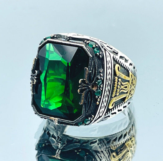 Men Emerald Stone Ring, Green Stone Silver Ring, Casual Style Ring, Turkish Handmade Design Ring, 925 Sterling Silver, Gift For Men, Cool