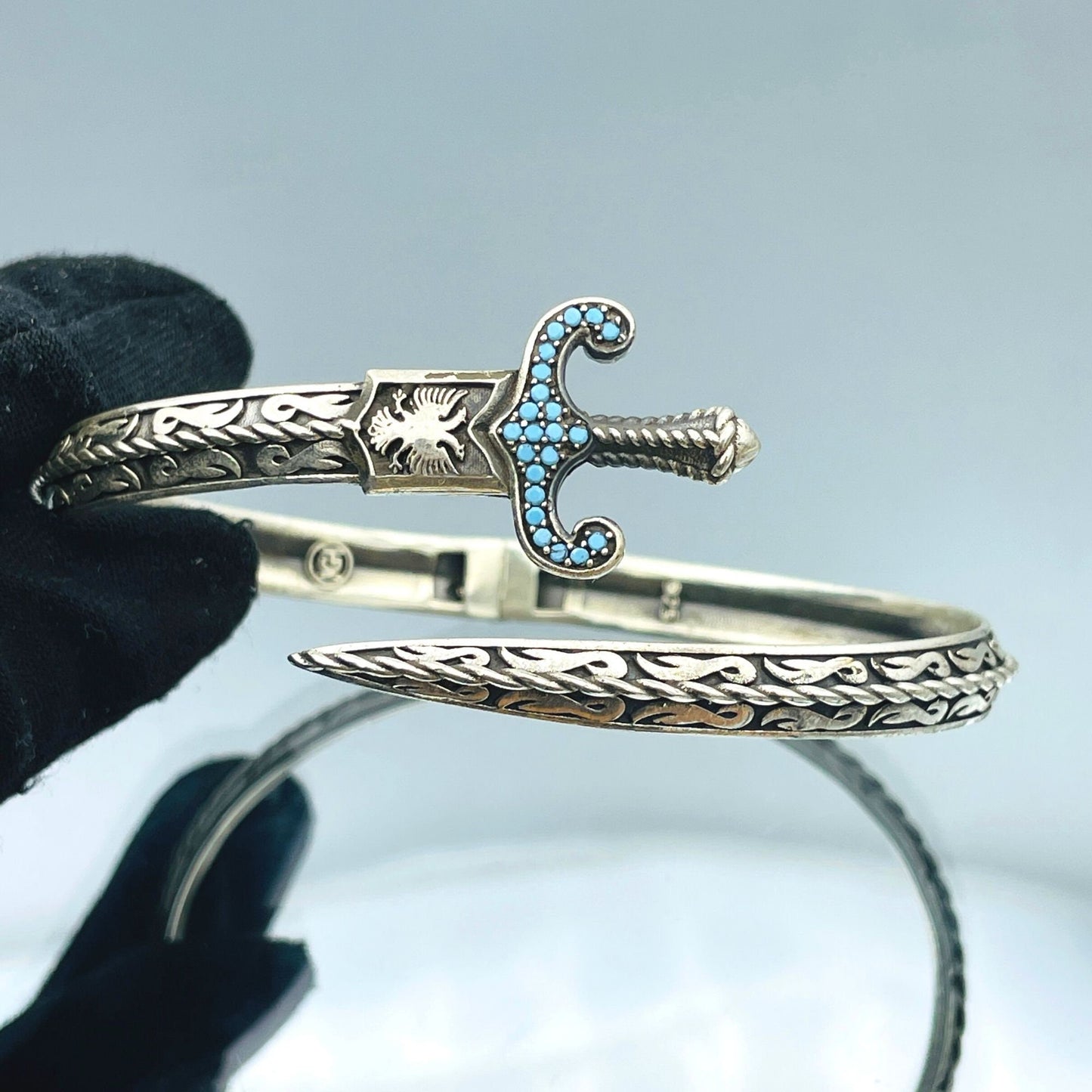 Zulfiqar Religious Silver Bracelet, Sword Cuff Bracelet, Adjustable Turquoise Blue Stone Bracelet, 925 Sterling Silver, Gift Him, Gift Her