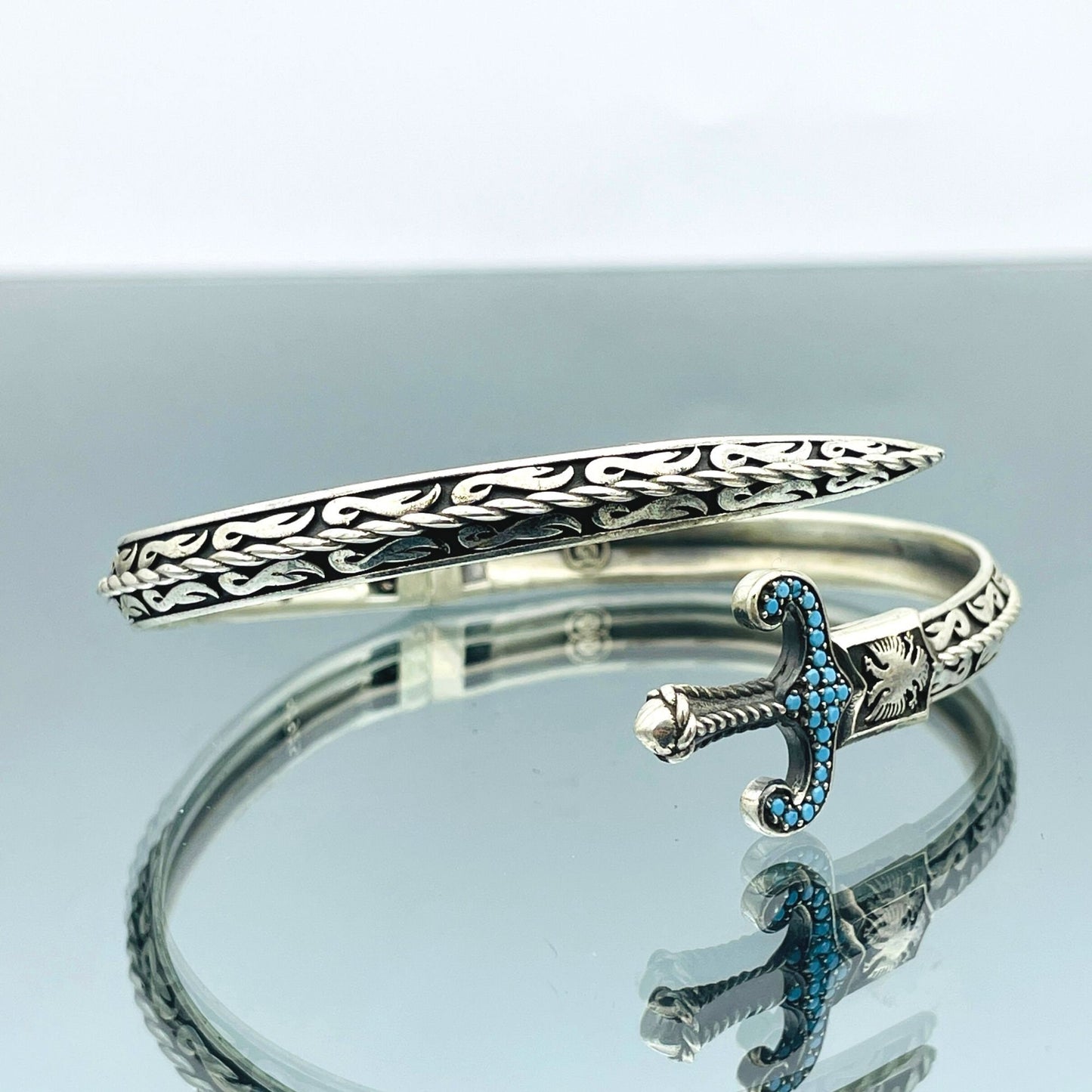 Zulfiqar Religious Silver Bracelet, Sword Cuff Bracelet, Adjustable Turquoise Blue Stone Bracelet, 925 Sterling Silver, Gift Him, Gift Her