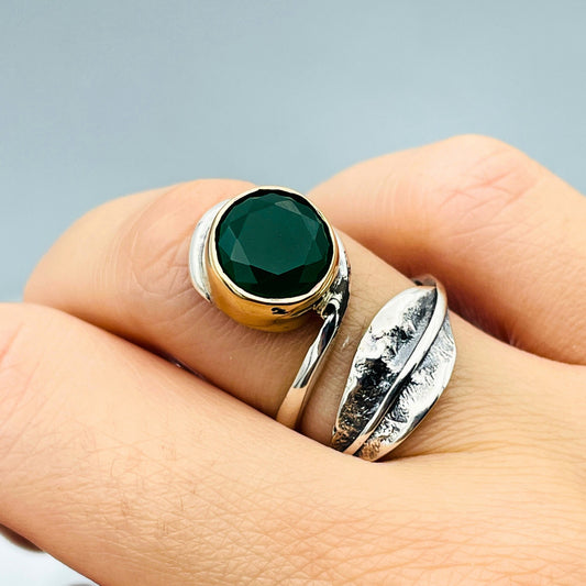 Women Emerald Stone Silver Ring, Green Round Stone Ring, 925 Sterling Silver Handmade Ladies Ring, Gift For Girlfriend, Turkish Silver Ring