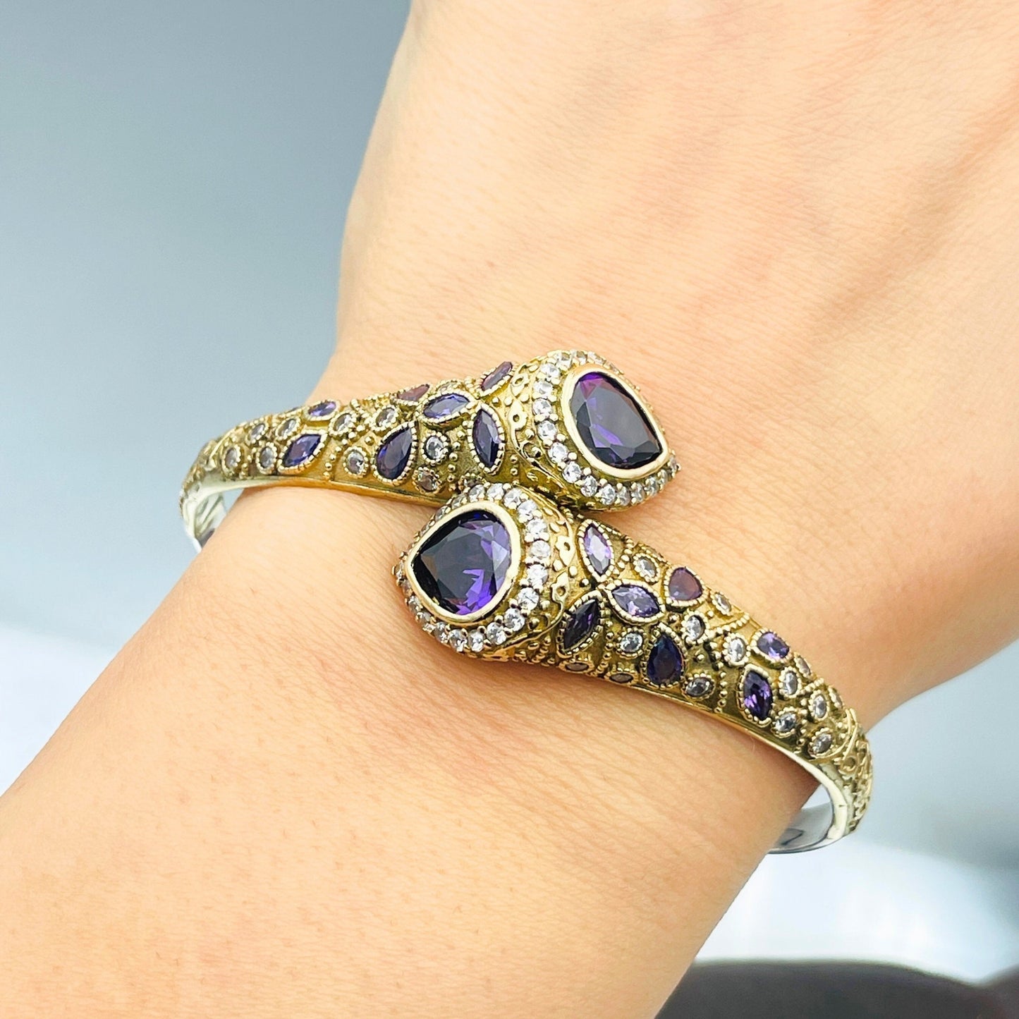 Women Amethyst Stone Bracelet, Authentic Adjustable Bracelet, Ottoman Design Cuff Bracelet, 925 Sterling Silver, Turkish Handmade, Gift Her