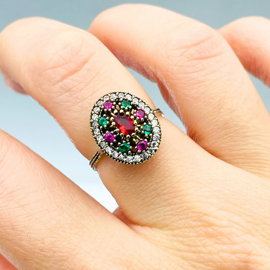 Women Ruby and Emerald Stone Ring, Multi Color Multi Stone Ring, Authentic Hurrem Sultan Ring, 925 Sterling Silver, Turkish Handmade, Gift