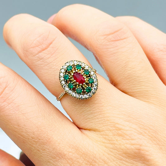 Women Ruby and Emerald Stone Ring, Multi Stone Multi Color Ring, Authentic Minimal Ring, 925 Sterling Silver, Turkish Handmade Gift Her