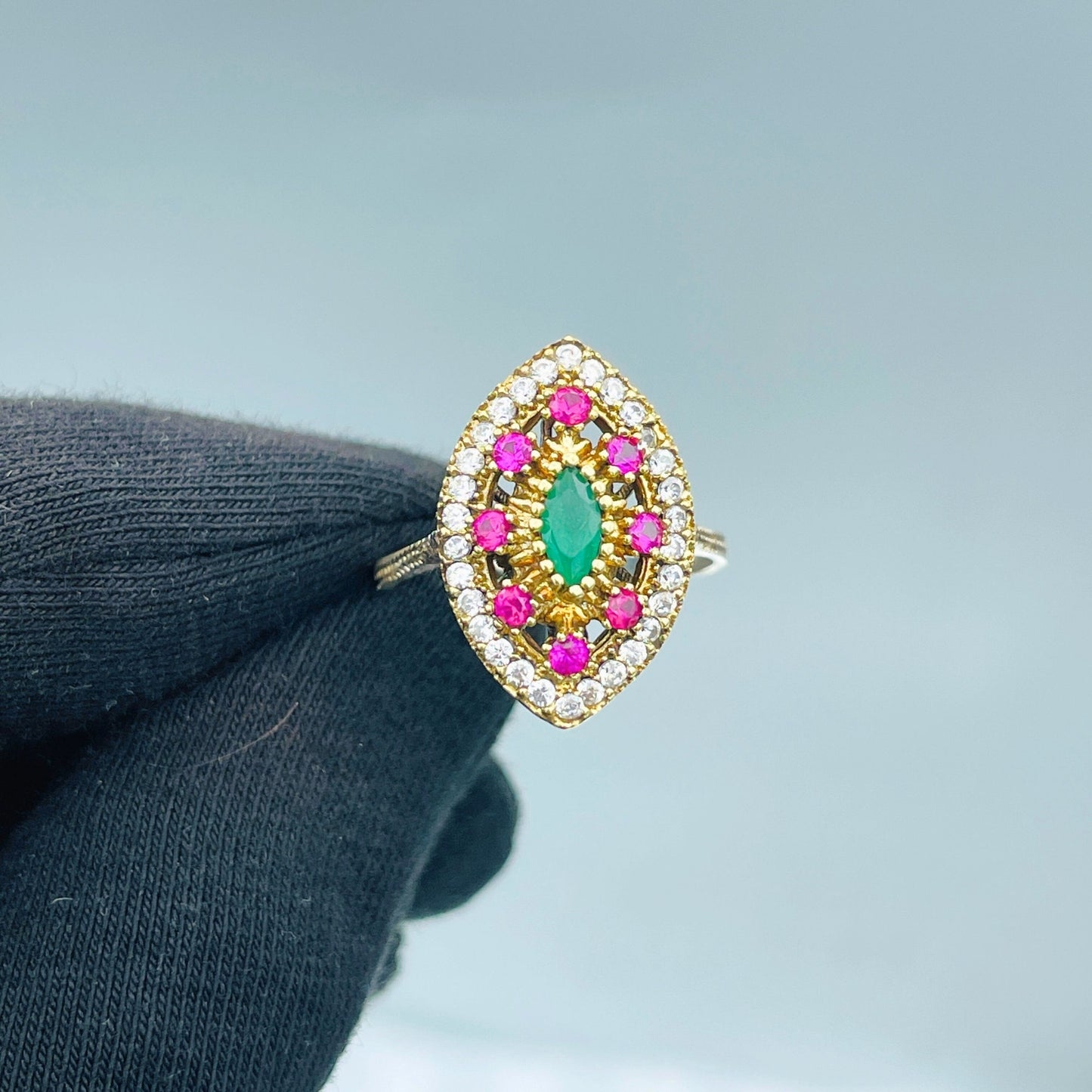 Emerald and Amethyst Ring, Multi Stone Women Ring, Authentic Cocktail Bezel Ring, 925 Sterling Silver, Turkish Handmade, Gift For Birthday