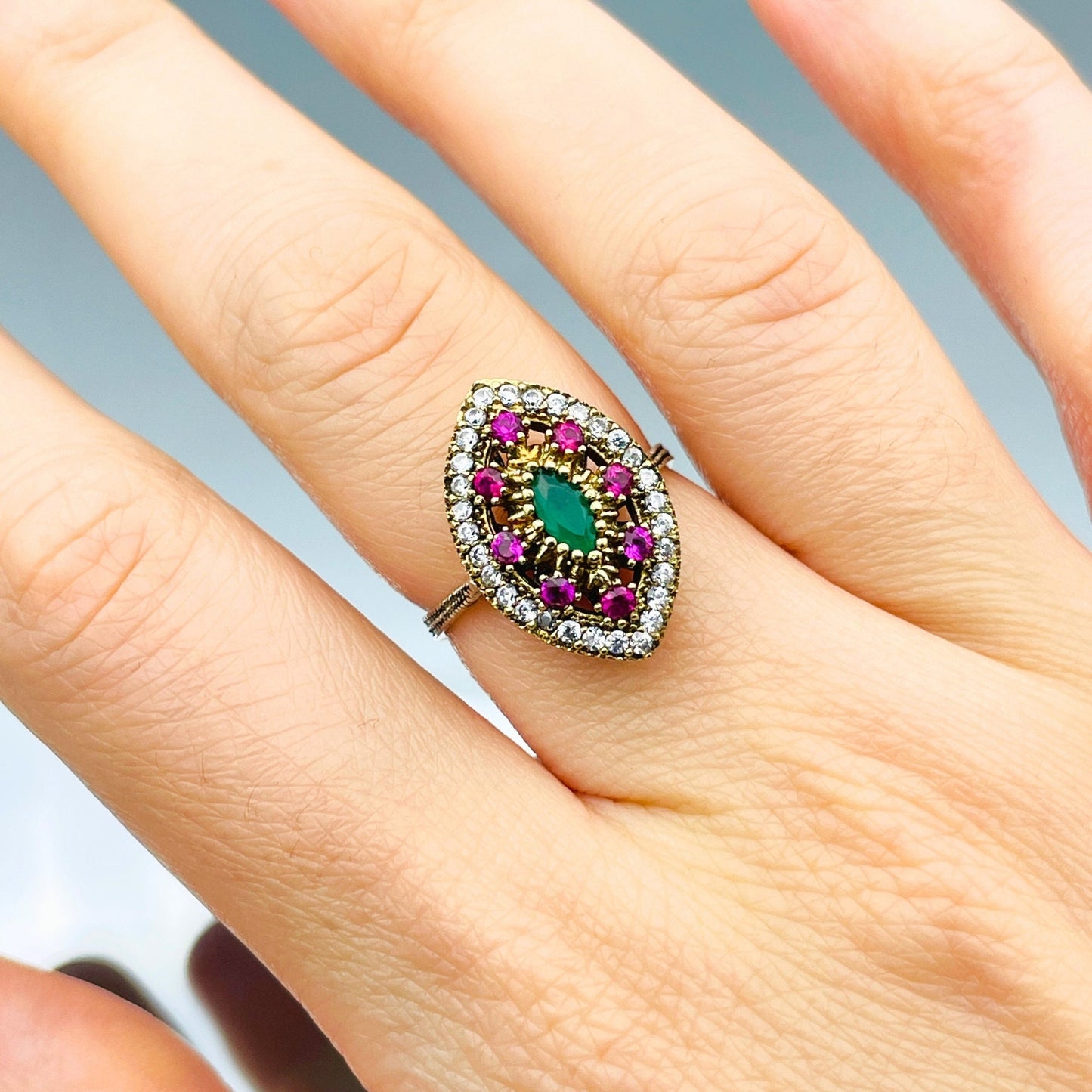 Emerald and Amethyst Ring, Multi Stone Women Ring, Authentic Cocktail Bezel Ring, 925 Sterling Silver, Turkish Handmade, Gift For Birthday