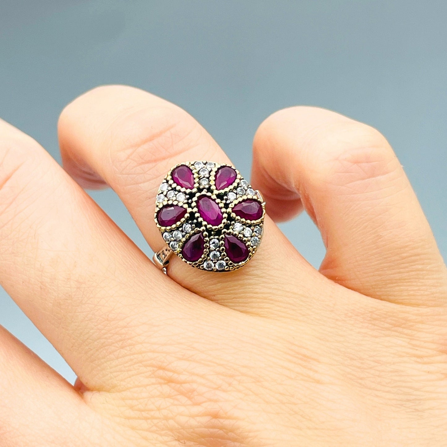 Amethyst Women Ring, Purple Color Flower Design Ring, 925 Sterling Silver, Turkish Handmade Silver Jewelry, Authentic Gift Mom, Gift For Her