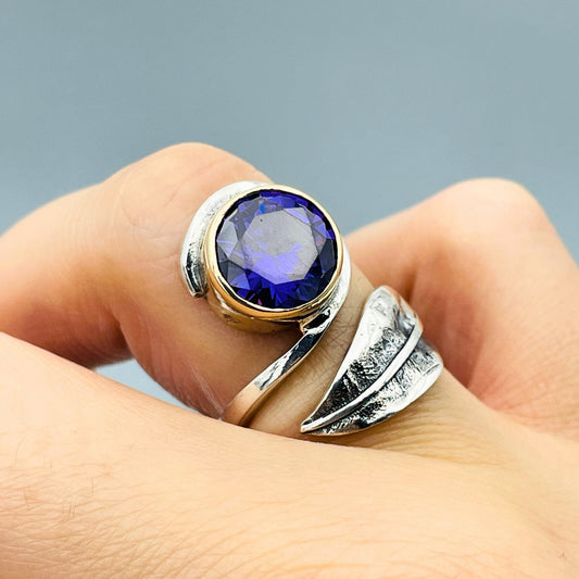 Women Adjustable Amethyst Stone Ring, Purple Stone Ring, Turkish Handmade Ladies Ring, 925 Sterling Silver Ring, Feather Figure Cool Ring