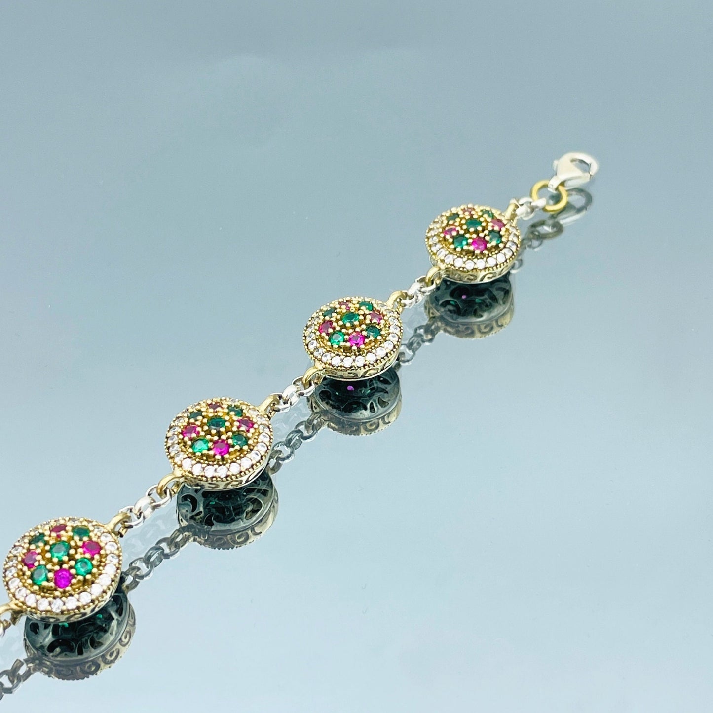 Emerald Pink Ruby Bracelet, Tennis Silver Bracelet, 925 Sterling Silver, Turkish Handmade Jewelry, Multi Stone Bracelet, Colorful Bracelet