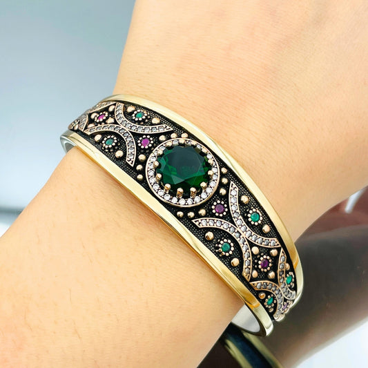 Women Emerald Stone Bracelet, Authentic Adjustable Bracelet, Ottoman Design Cuff Bracelet, 925 Sterling Silver, Turkish Handmade, Gift Her