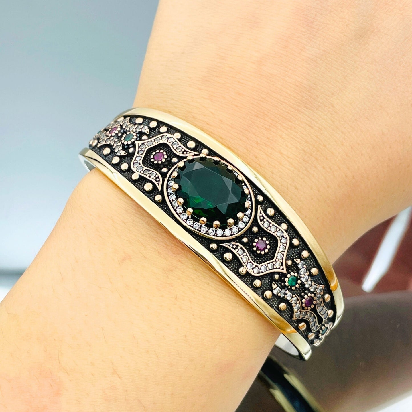 Emerald Stone Bracelet, Women Green Stone Bracelet, 925 Sterling Silver, Turkish Handmade Jewelry, Authentic Bracelet, Gift Cuff Bracelet