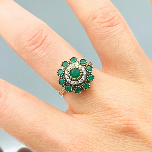 925 Sterling Silver Emerald Ring, Flower Design Ring, Minimal Authentic Ring, Turkish Handmade Jewelry, Gift For Mother, Anniversay Day Ring