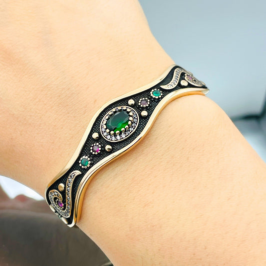 Women Cuff Bracelet, Bangle Adjustable Emerald Bracelet, 925 Sterling Silver, Turkish Handmade, Authentic Jewelry, Gift For Mother Bracelet