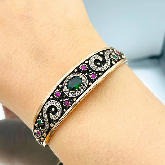 Cuff Emerald Bracelet, Women Silver Bracelet, 925 Sterling Silver, Handmade Jewelry, Turkish Adjustable Bracelet, Gift For Her Bracelet