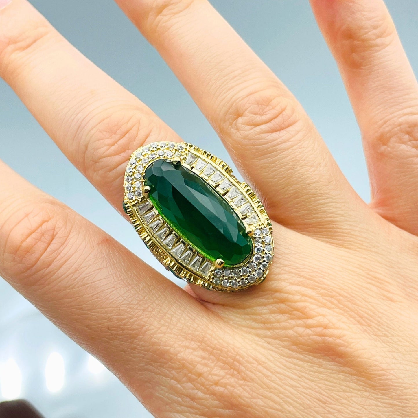 Women Emerald Silver Ring, Authentic Design Ring, Large Ottoman Cocktail Ring, 925 Sterling Silver, Turkish Handmade Jewelry, Gift For Her