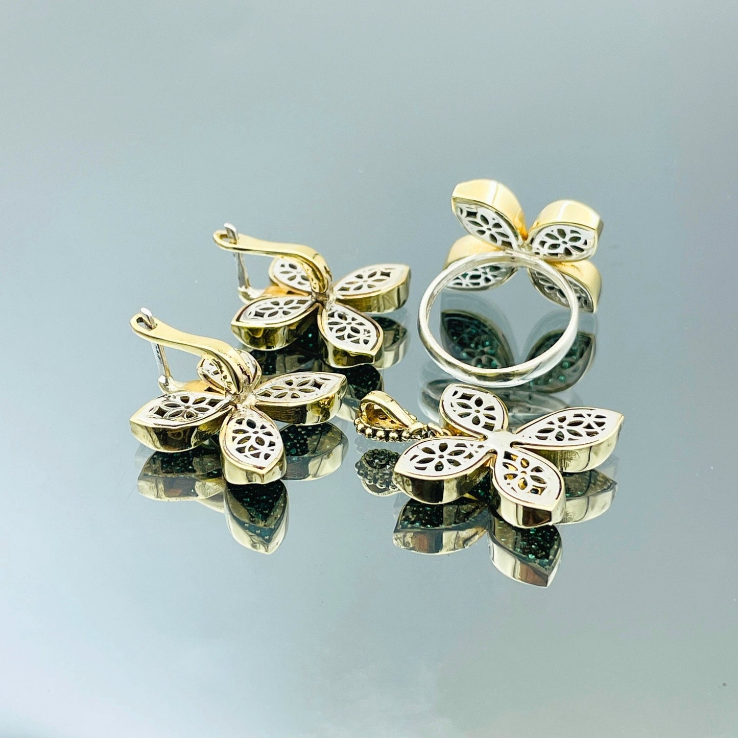 Women Emerald Jewelry Set, 925 Sterling Silver Set, Turkish Handmade Set, Green Stone Ring, Flower Clover Design Jewelry Set, Gift For Her