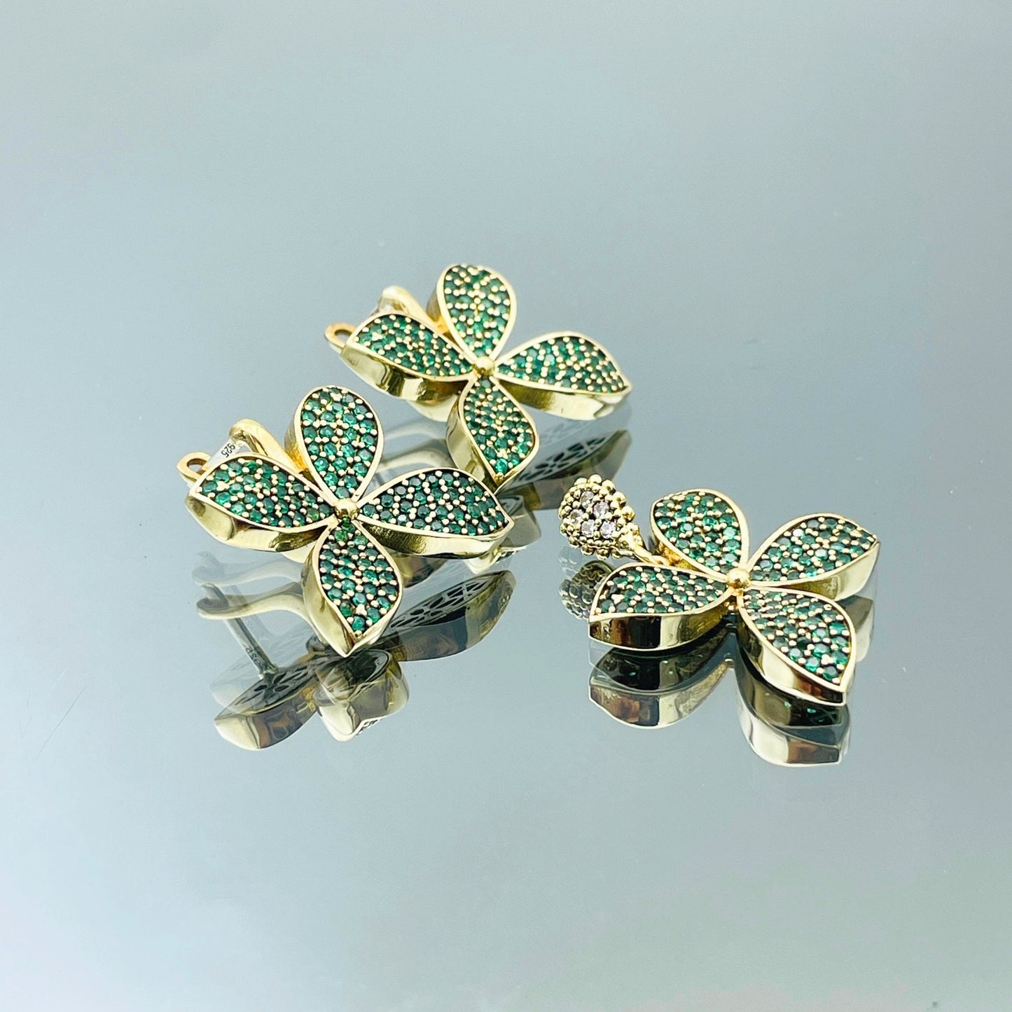 Women Emerald Jewelry Set, 925 Sterling Silver Set, Turkish Handmade Set, Green Stone Ring, Flower Clover Design Jewelry Set, Gift For Her